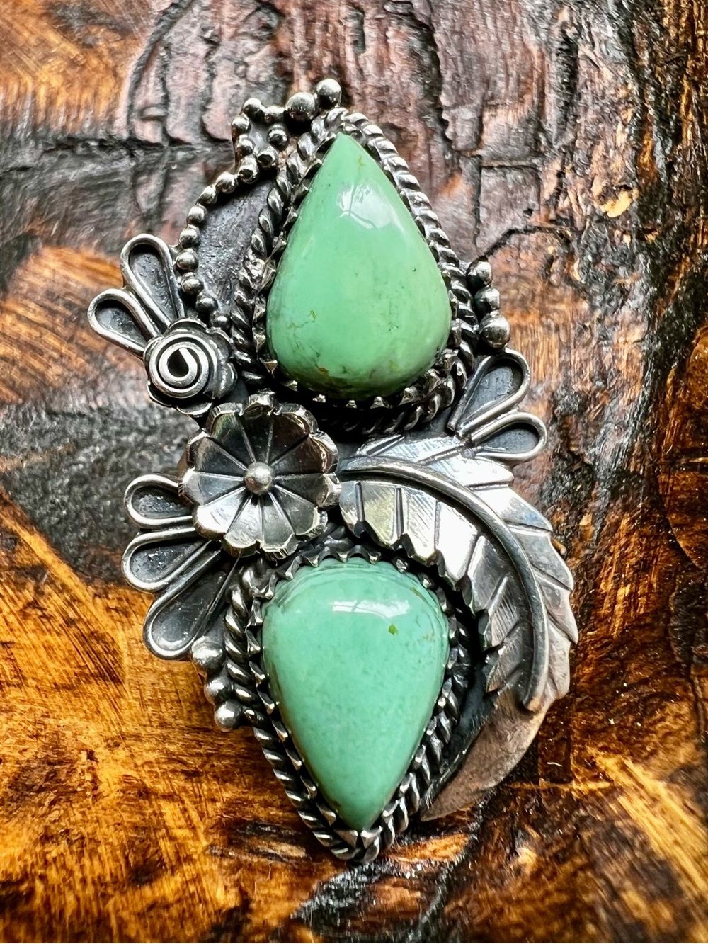 925 Sterling Kingman Turquoise Double Stone Ring Sz 8.5 Floral Statement